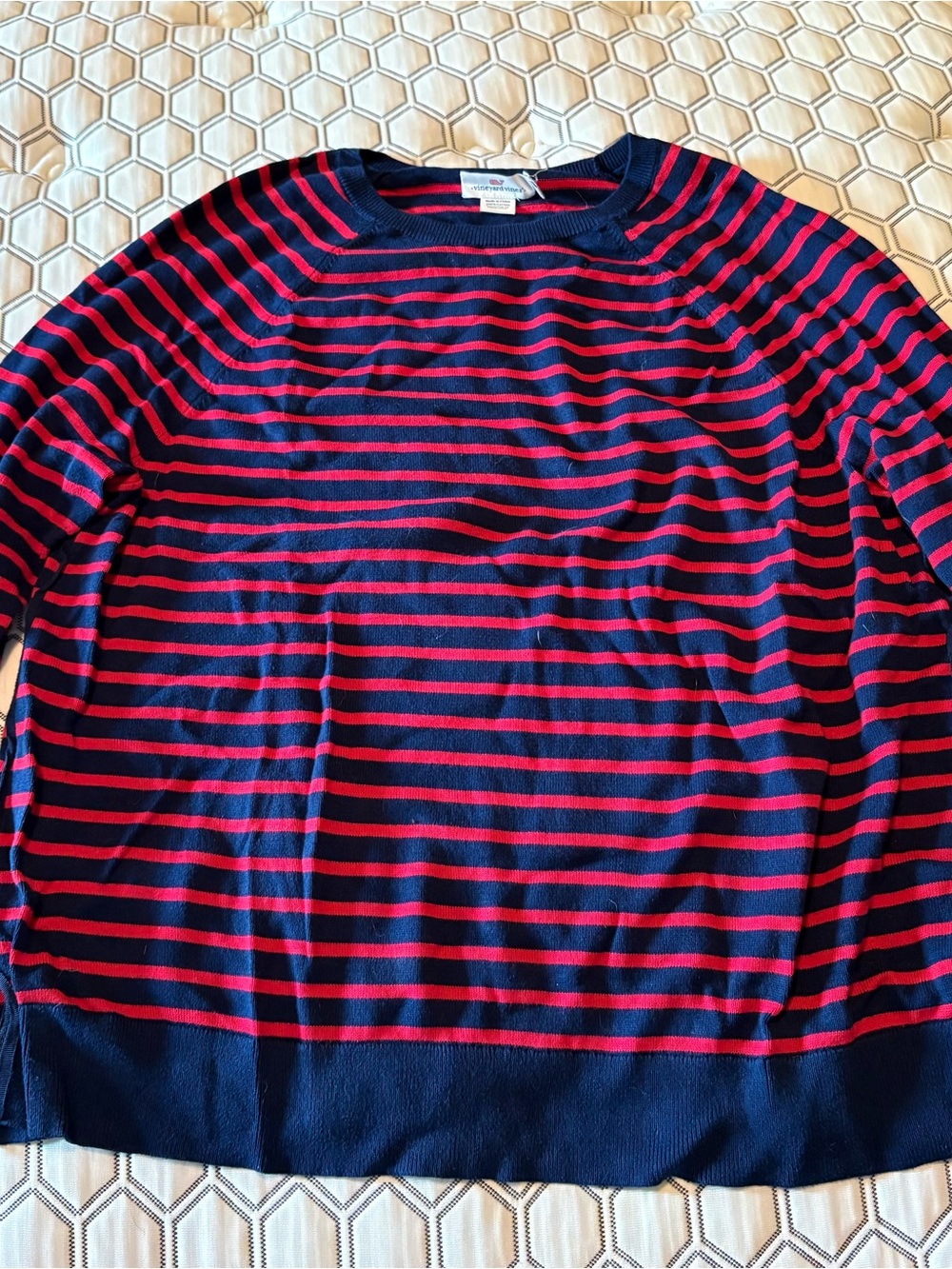 Vineyard Vines Women’s Navy and Red Striped Sweater - Classic Crewneck